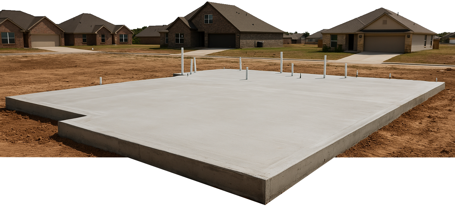 A 3D rendering of a concrete slab foundation.